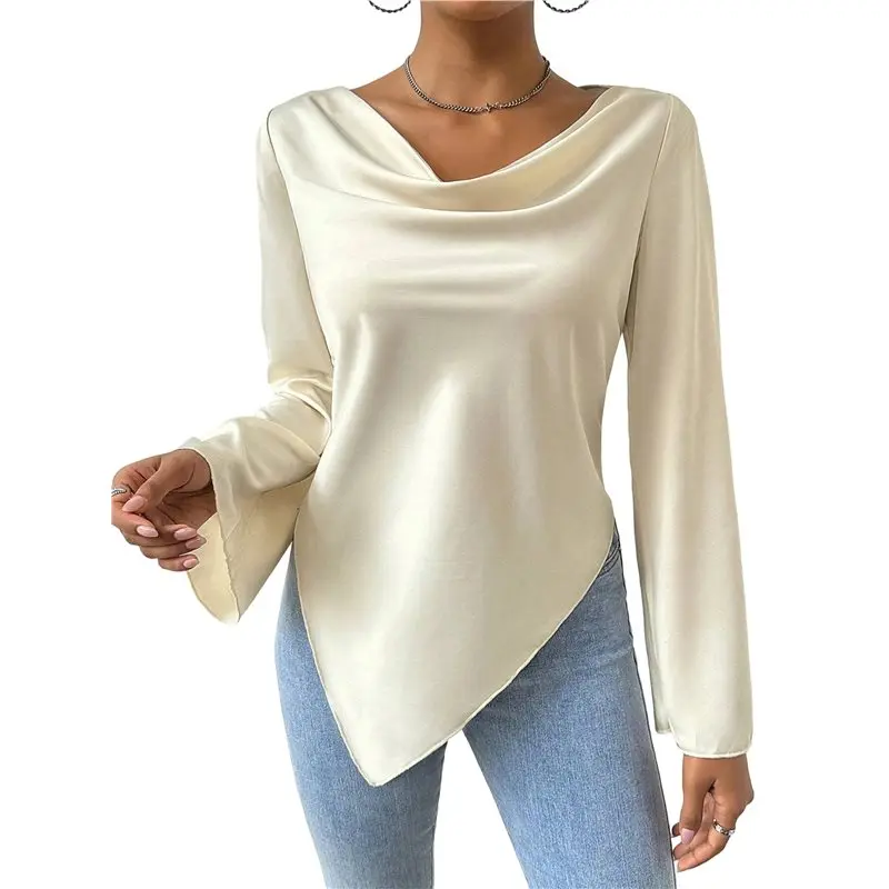 

CYL-Women's Draped Cowl Neck Bell Long Sleeve Asymmetrical Hem Blouse Top
