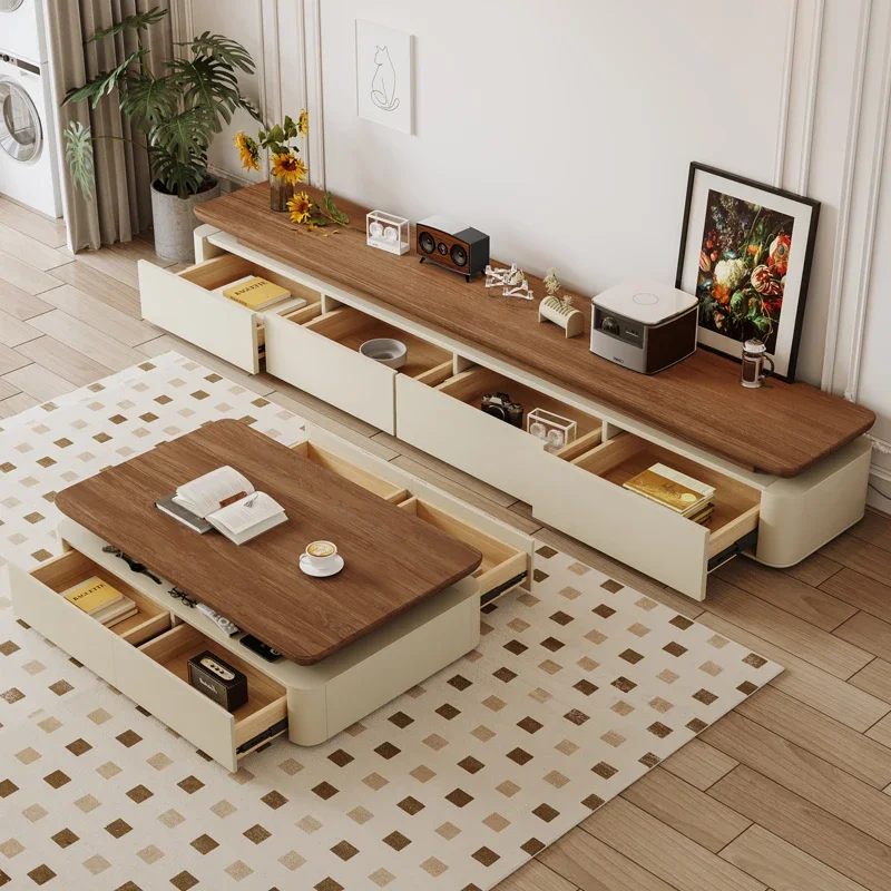Nordic cream walnut paint living room small apartment drawer storage rectangular coffee table TV cabinet 2 meters