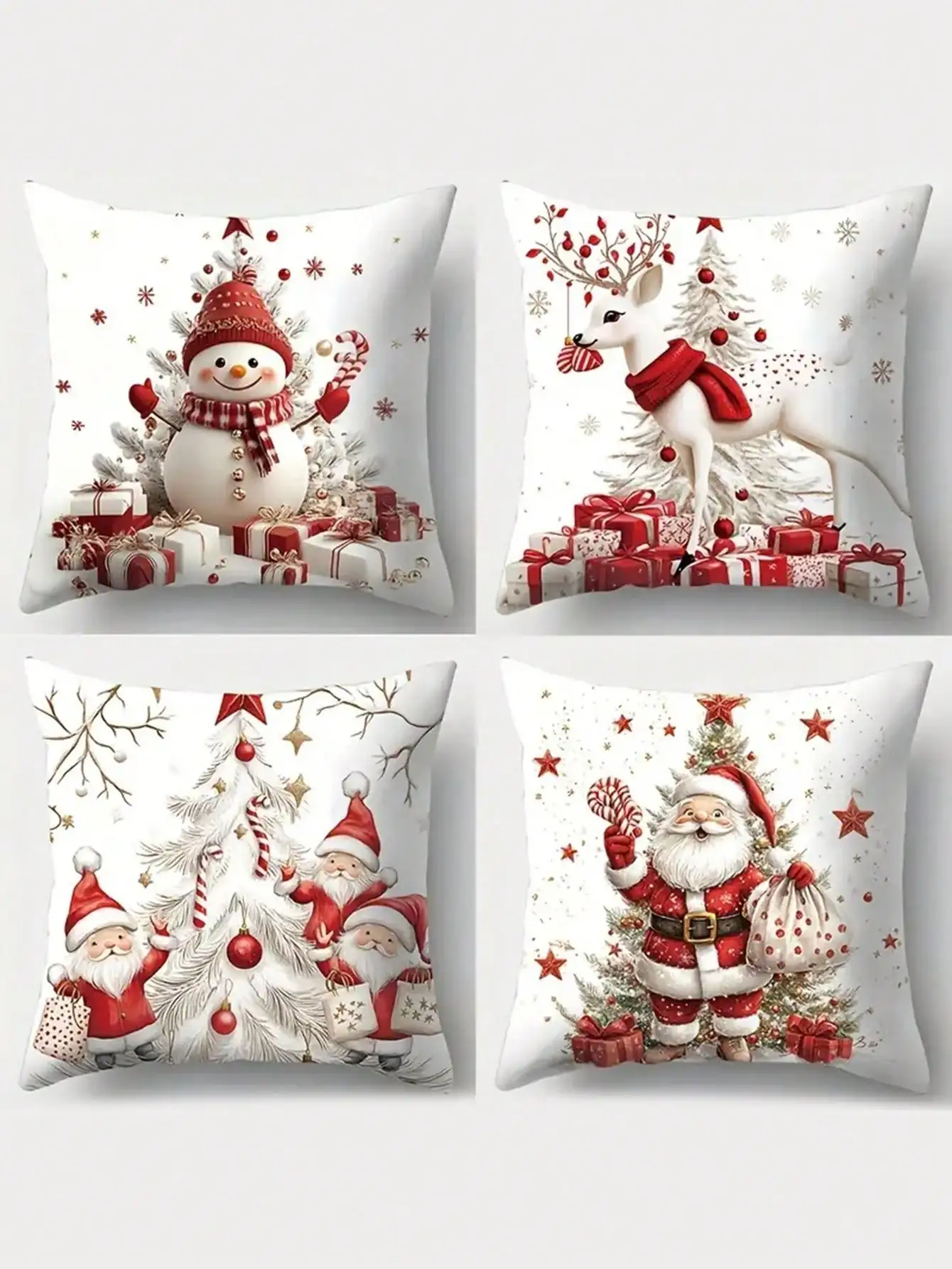 4pcs Christmas Theme Throw Pillow Covers, Modern Polyester Decorative Cushion Covers With Zipper Closure, 17.72 Inch - Printed Holiday Patterns Including Snowman, Reindeer, Santa Claus And Dwarf, Suitable For Sofa, Living Room, Pillow Inserts Not Included