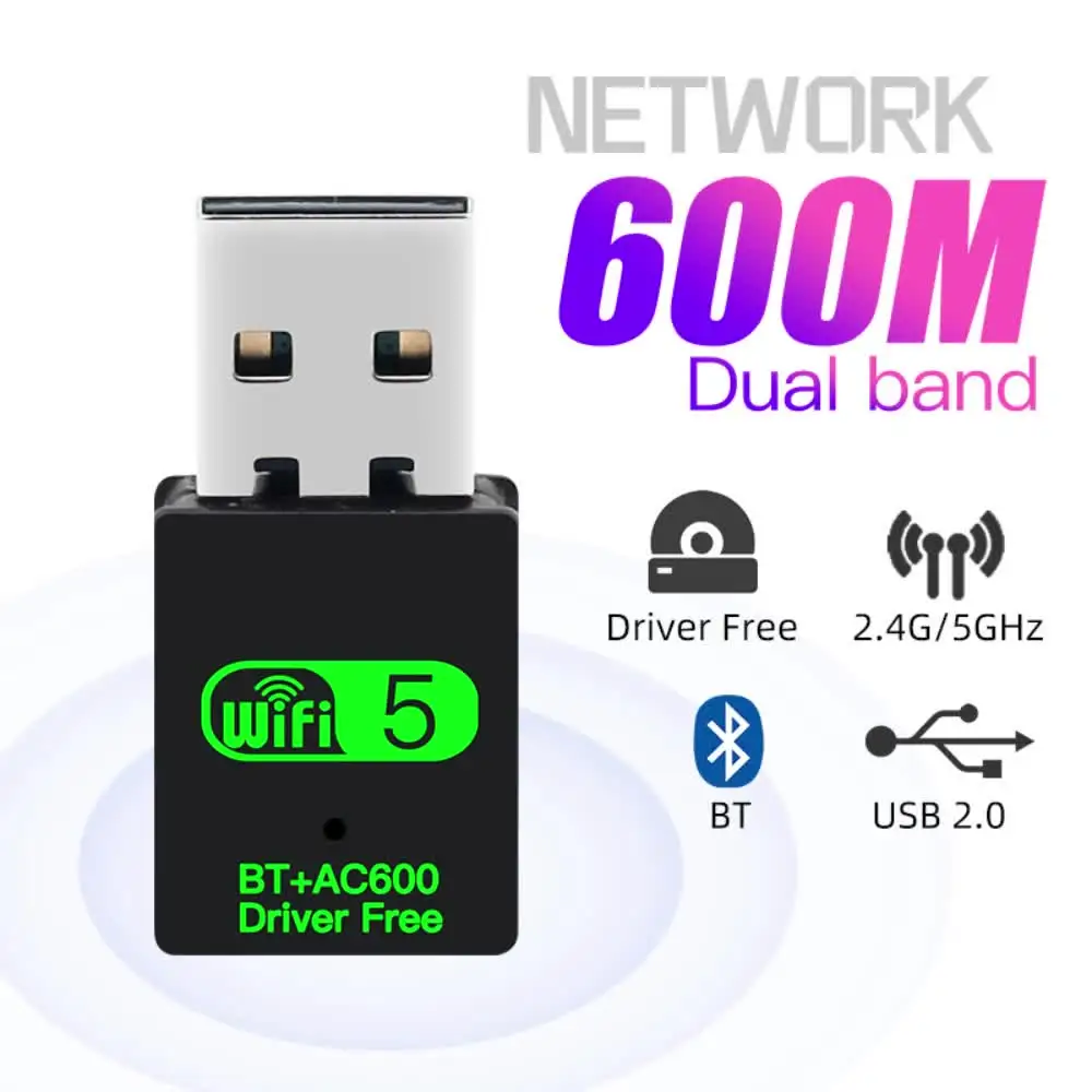 Adaptateur USB WiFi Bluetooth 5.0, 600Mbps, Dongle 2 en 1, double bande, 2.4G et 5GHz, USB WiFi 5, réseau, récepteur Wlan sans fil, pilote gratuit