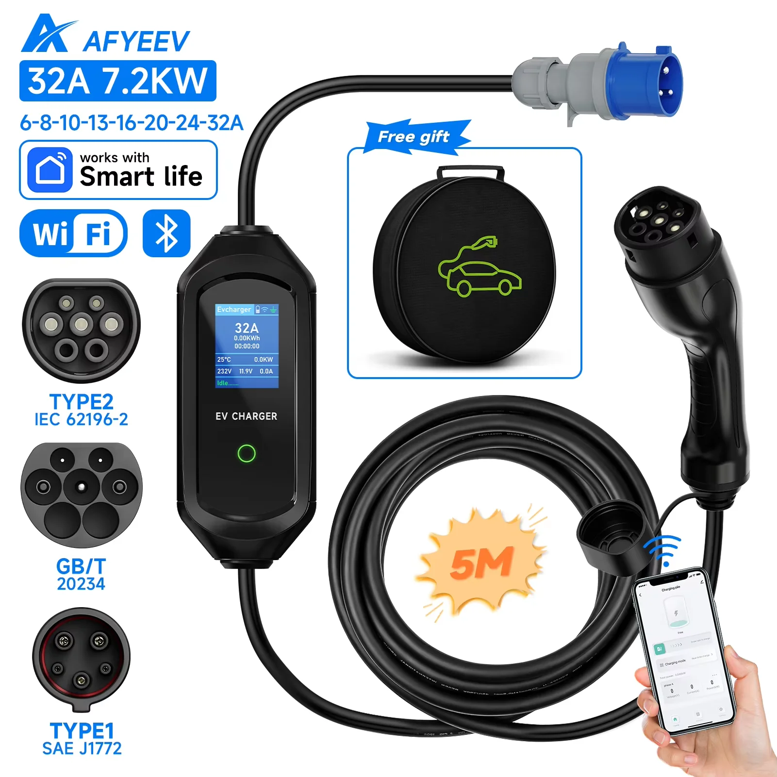 AFYEEV 32A 7.2KW Type2 Type1 EV Charger Portable GB/T Electric Vehicle Charger EVSE Charging Cable WiFi Bluetooth APP Control