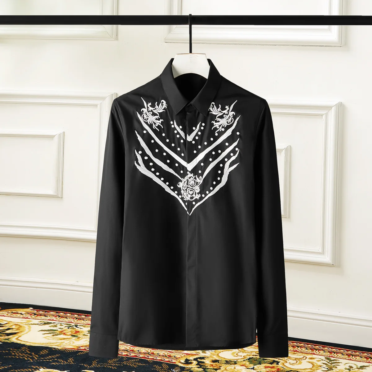 Chinese Style Long Sleeved Embroidered Men's Shirt High Quality Slim Fit Casual Shirts Stage Performance Nightclub Social Shirt