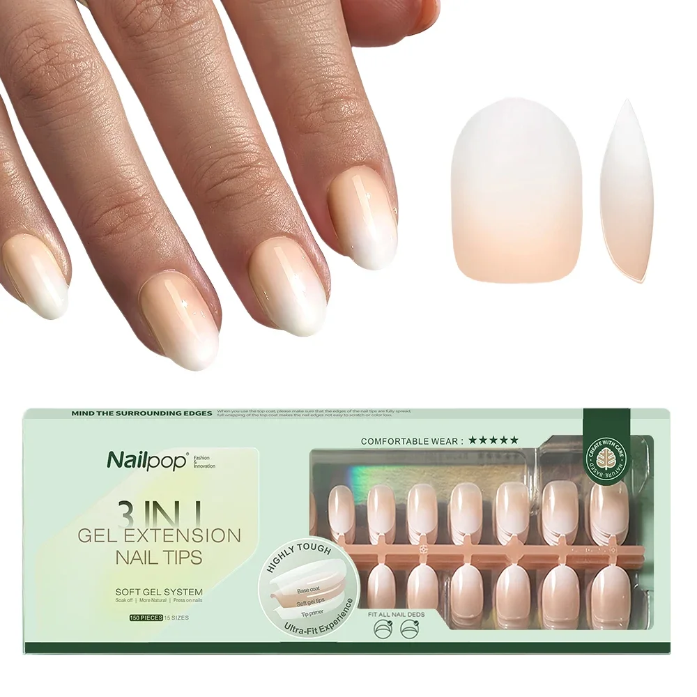 

NAILPOP 150Pcs 4 in 1 Ombre Gel Nail Tips White Gradient Soft Gel False Nail Tips Soak Off Fake Nails Extensions DIY 15 Sizes