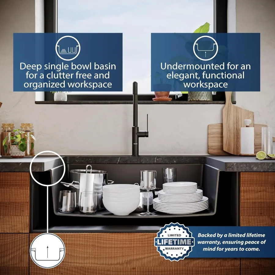 حوض مطبخ مركب من الكوارتز الجرانيت الكبير 33 من Undermount باللون الأسود عميق للغاية 9 حوض صوت مقاوم للحرارة والخدش