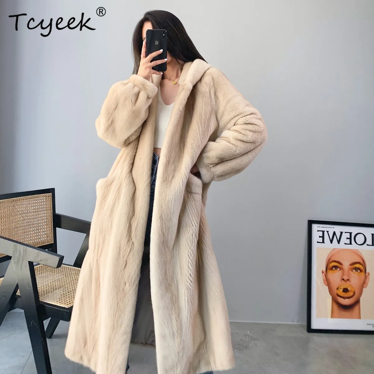 Tcyeek Luxury Natural Whole Mink Fur Coat Women Winter Clothes Real Fur New in Coats Woman Jacket Over Knee Fashion Шуба Женская