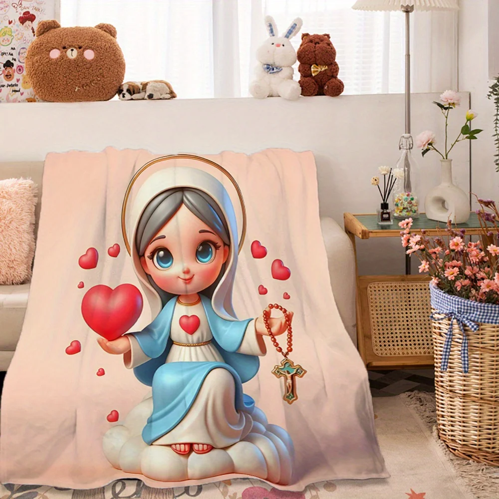 Virgin Mary-themed blanket featuring an adorable cartoon Virgin Mary and heart print, a comfortable and lightweight nap blanket,