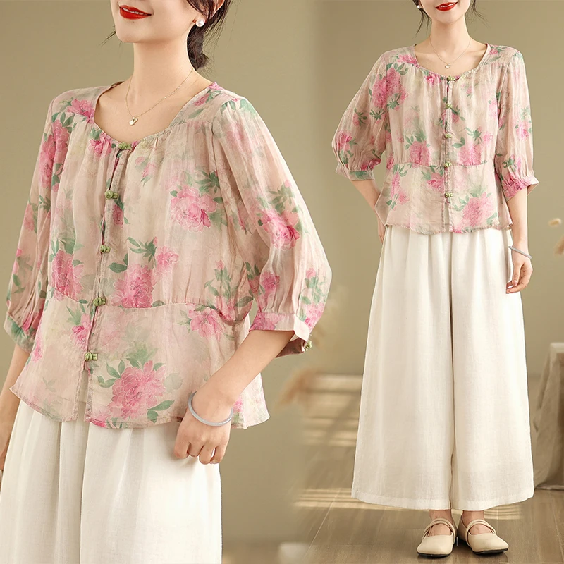 

Свободная женская футболка с цветочным принтом, круглым вырезом и коротким рукавом, в винтажном стиле, красивая, уникальная, летняя новинка, из смесового хлопка