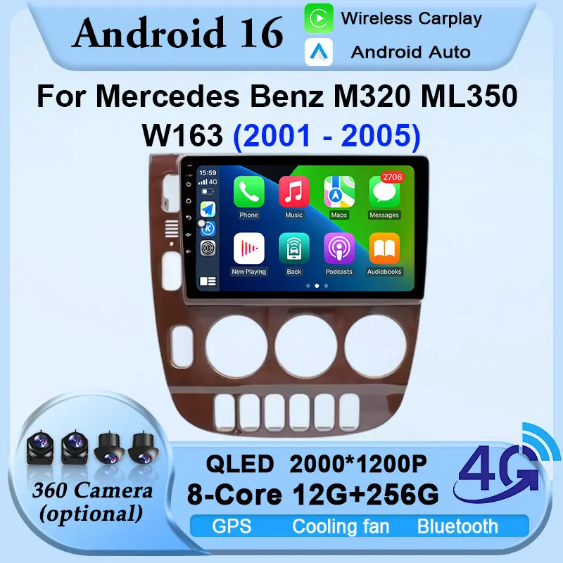 GPS Android 16 Car Radio For Mercedes Benz ML320 ML350 W163 2001-2005 WiFi+4G Video Carplay Player Stereo Navigation Multimedia