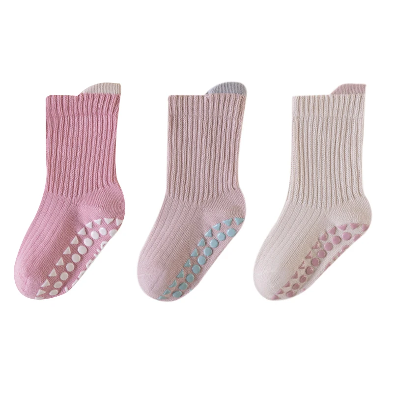 3 paires de chaussettes de sol pour nouveau-né, chaussettes antidérapantes pour Trampoline, marche intérieure, couleur unie, pour enfants, garçons et filles