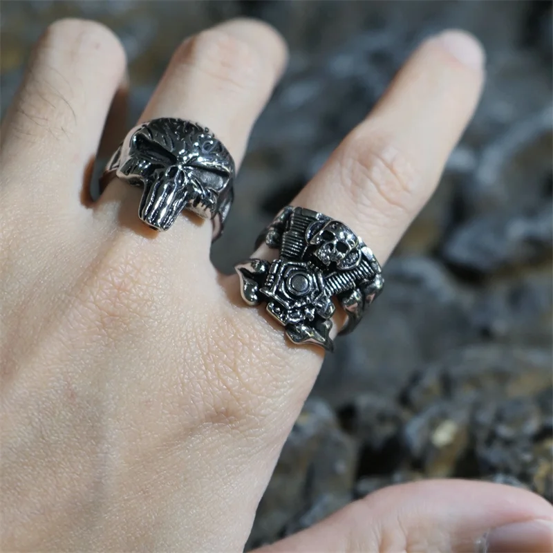 Skull Engine Bone Vintage Unisex Ring Stainless Steel Gift For Men Skeleton Unique Fashion Punk Simple Gothic Jewelry  Wholesale