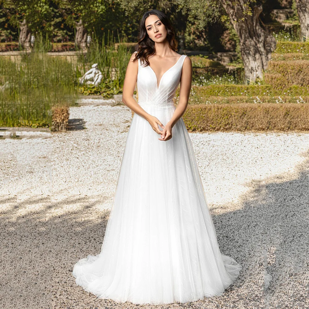 

Customized A-Line Wedding Dresses White V Neck Sleeveless Tulle Bridal Dresses 2025 Deep V Backless Simple Long Bride Dresses