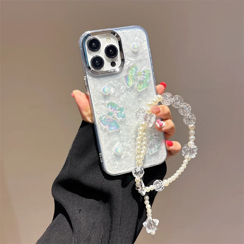 

Back Cover For IPhone 11 13 14 Plus 15 16 Pro Max Case Shell Pearl Bowknot Love Bracelet Chain Hard Pc Shockproof Phone Case