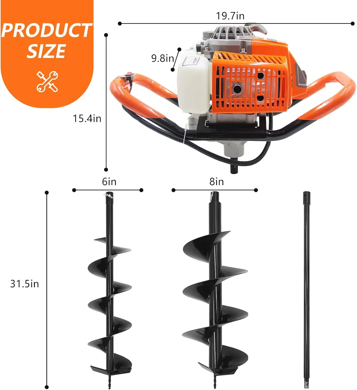 Terra Post Hole Digger com Brocas Auger, Laranja, 2 Tempos de Gás Powered, 1 Varas de Extensão para Fazenda, Jardim, Planta, 2