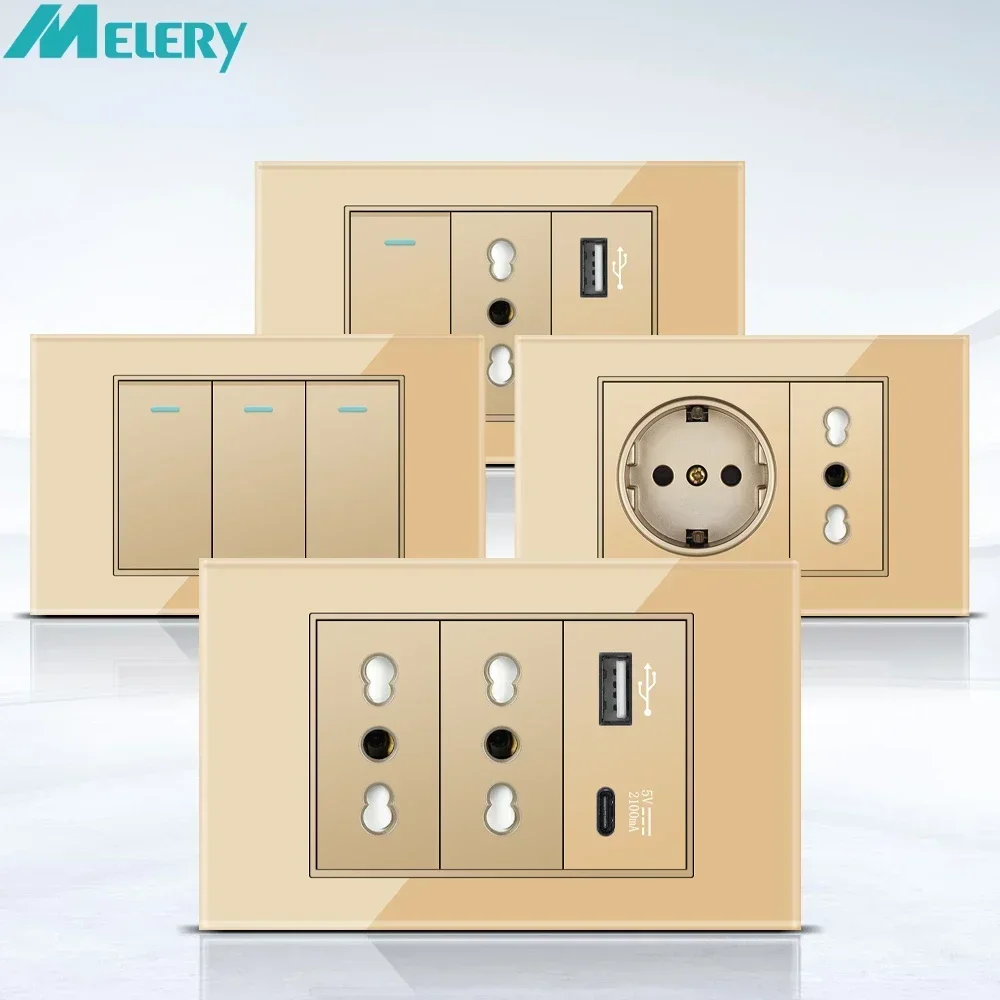 Melery Italia Chile vidrio templado dorado hogar Oficina UE toma coreana USB TypeC Corea enchufe de pared interruptor de presión de luz eléctrico