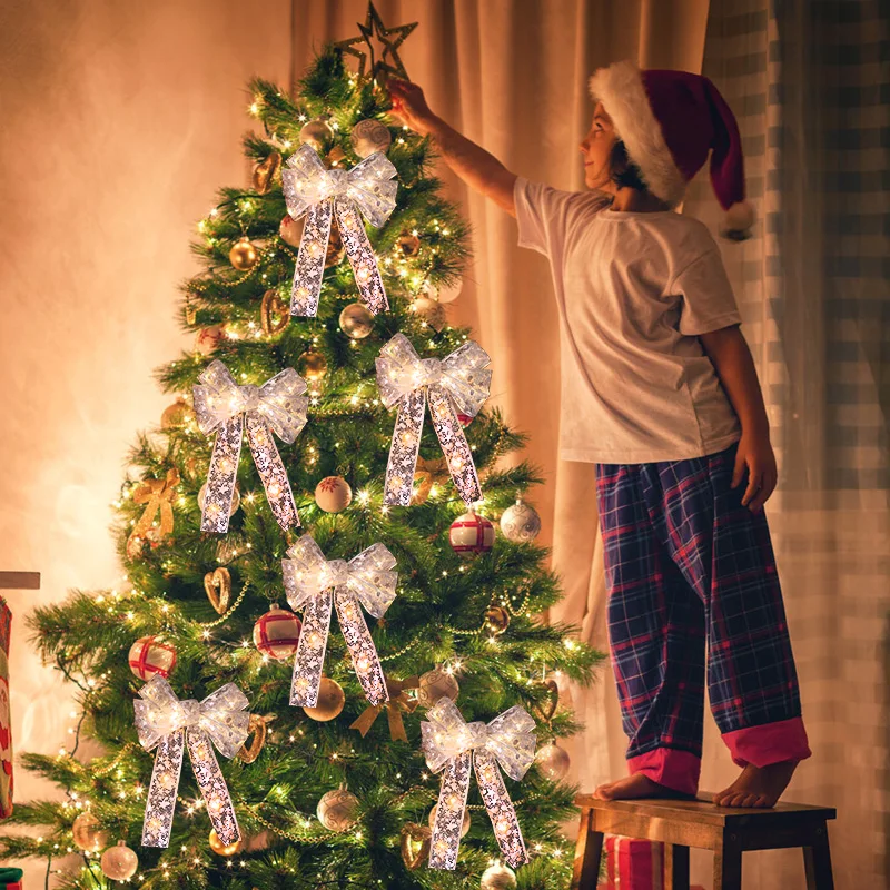 

Christmas Decoration LED Bow Ribbon Light Xmas Tree Ornament DIY Bows String Lights Navidad 2025 New Year Party Gifts Supplies