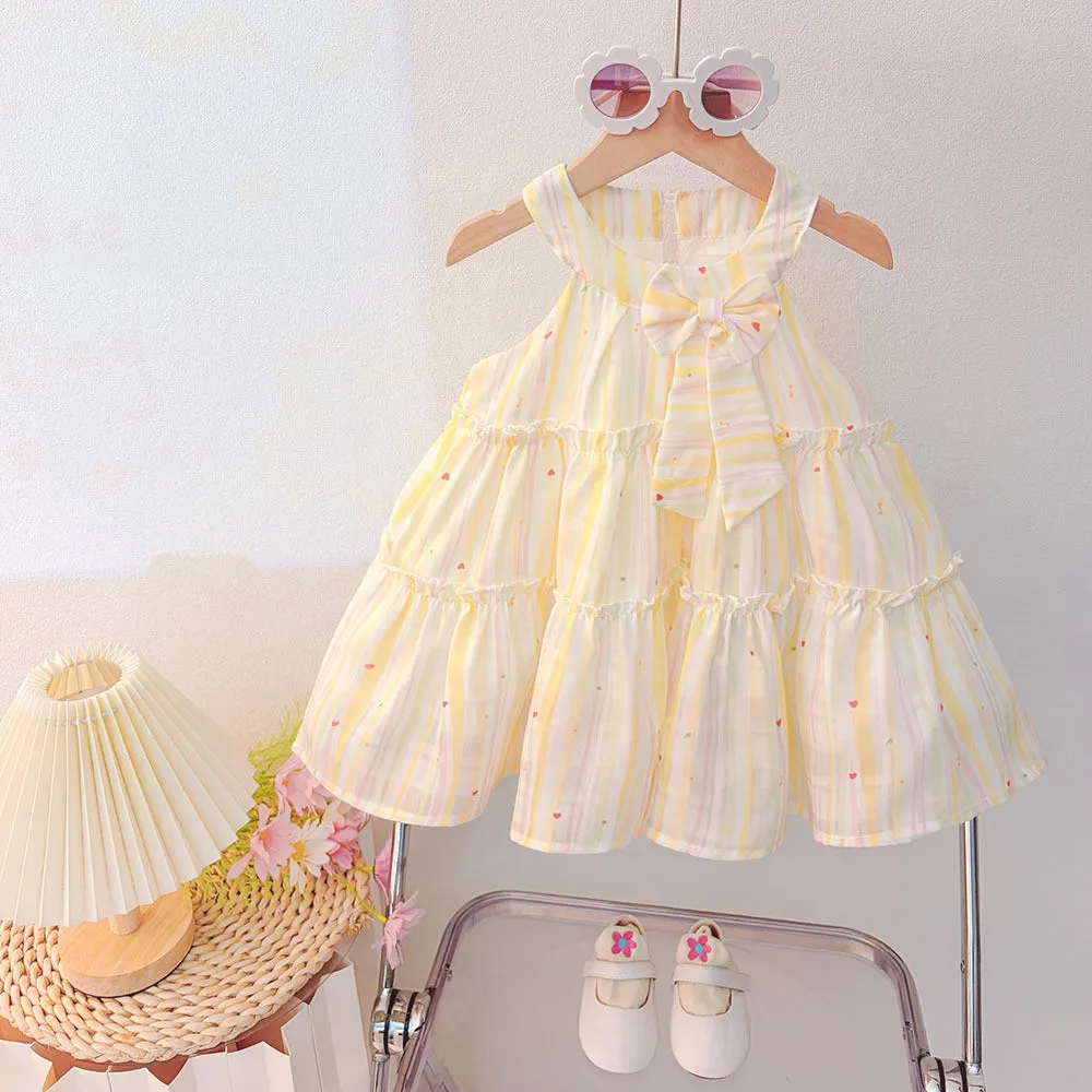 Korean Version Yellow Sweet and Cute Round Neck Hanging Bow Princess Dress for Baby Girls 1-3 Years Old Birthday Party Wear