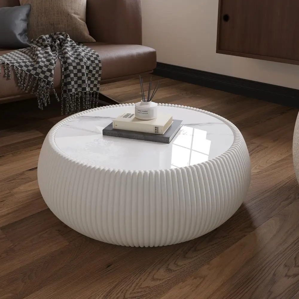Table basse en cuir en forme de tambour, dessus en marbre clair, Table d'appoint de canapé moderne, aucun assemblage requis