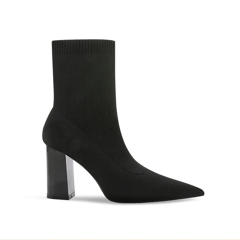Size 33-41 Short Boots Knitted Spring And Autumn Black Socks Boots Chunky High Heel Shoes Stretch Thin Boots For Women