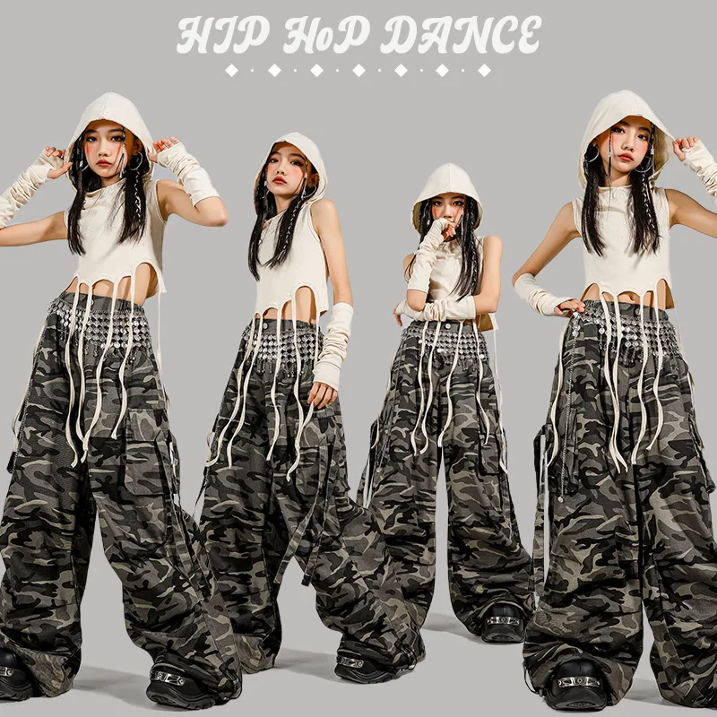 Kid Moderne Danskleding Meisje Jazzdans Lace up Crop Hoodie Camouflage Broek Navel Prestaties Pak Kpop Groep Toneelkostuum