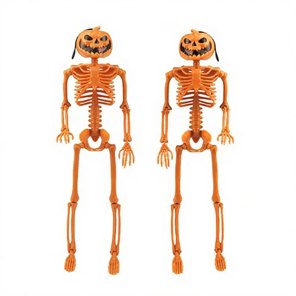 Halloween Orange Pumpkin Head Skeleton Figurine Posable Joints Hanging Decor for Yard Porch Horror Party Ornament