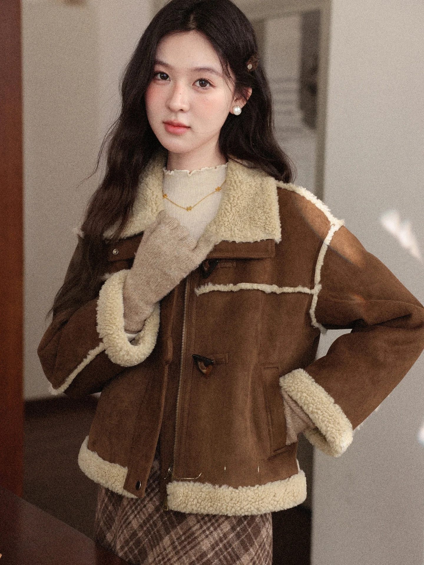 South Deer スエードショートコート レディース ルーズ 長袖 ターンダウンカラー アルパカウール ジャケット 秋冬 アウター トップス