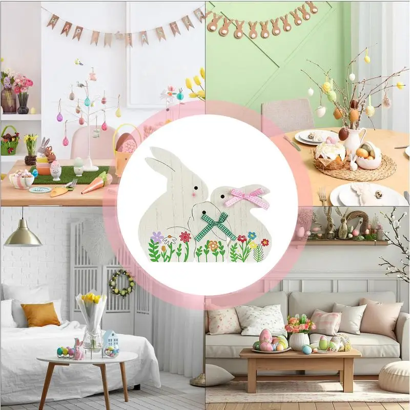 3PCS Bunny Wood Sign Spring Rabbit Decor Set Easter Bunny Signs Tabletop Rabbit Shape Decorations For Party