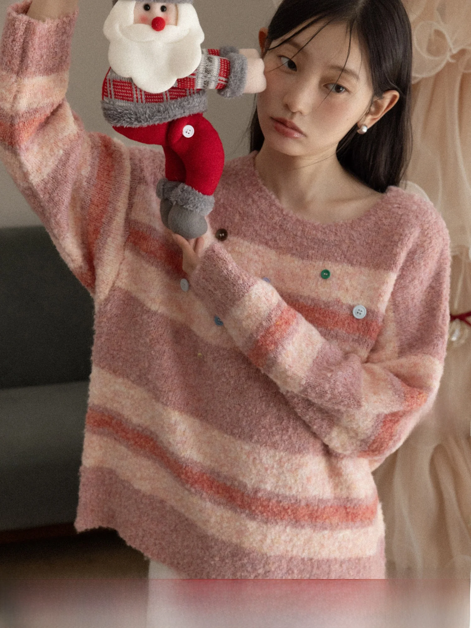 

Свободный вязаный свитер для женщин, зимний повседневный пуловер с круглым вырезом и полосатым узором, мягкий, из смесового полиэстера, комфортный