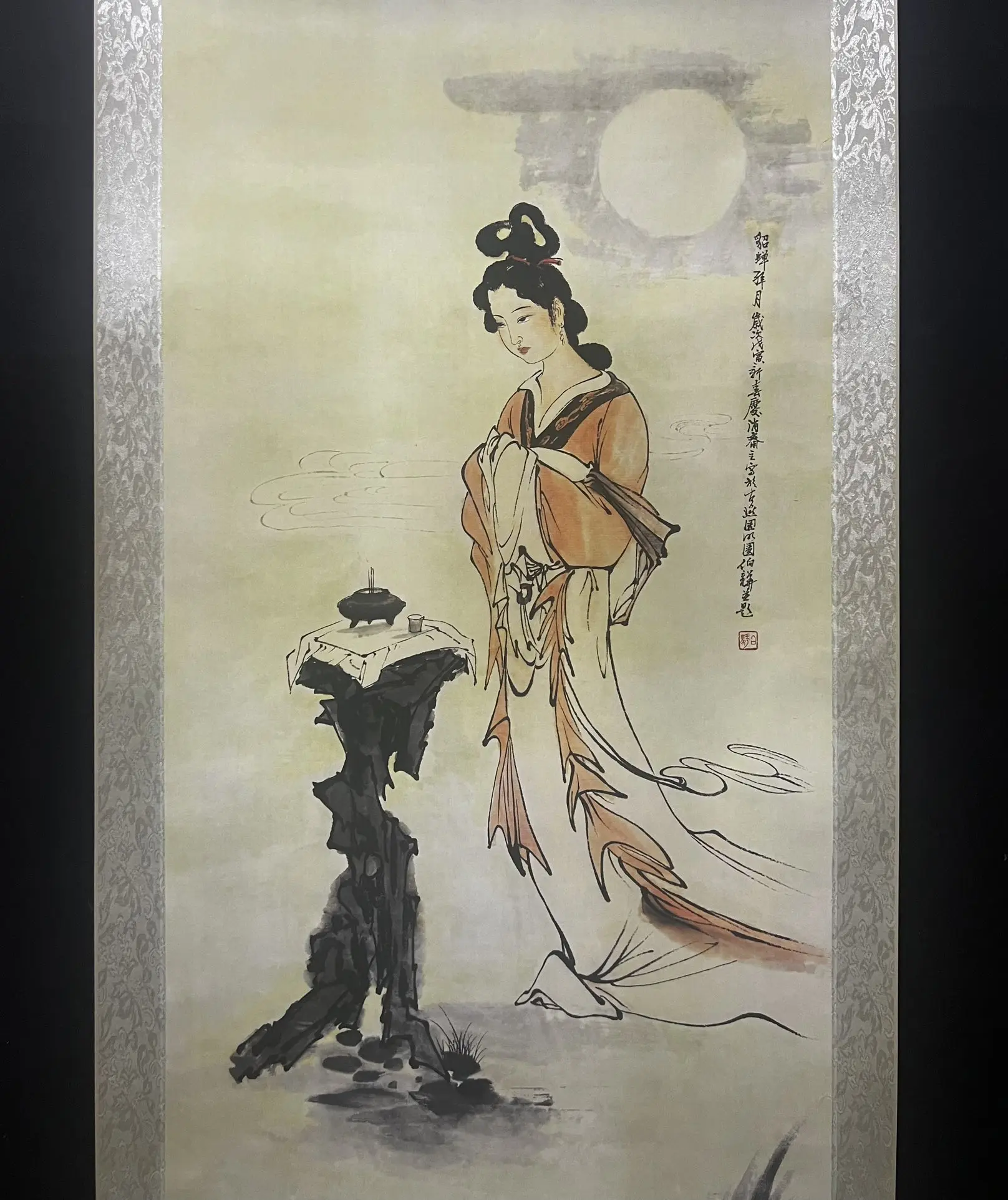 A four-foot zhongtang painting of Diaochan paying respects to the moon, photographed in real life.