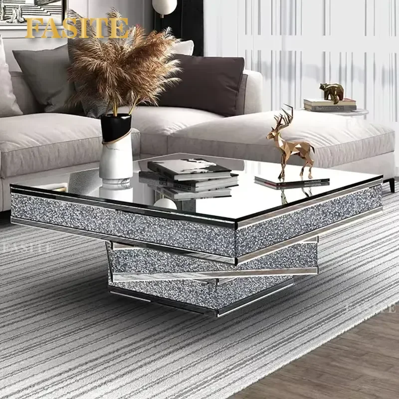 Hot Competitive Factory Wholesale Silver Glass Top Crystal Tea Table Crushed Diamond Mirrored Coffle Table for Home