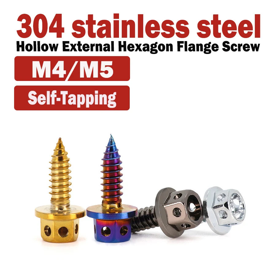 304 Stainless Steel Hollow Hex Flange Self-Tapping Screws M4 M5 for Motorcycle Electric Scooter Modification Decorative Bolts