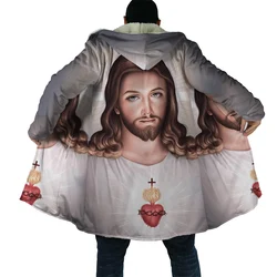 CLOOCL-capa con capucha para hombre, rompevientos de lana con estampado 3D de Jesús, gruesa y cálida, informal, de invierno