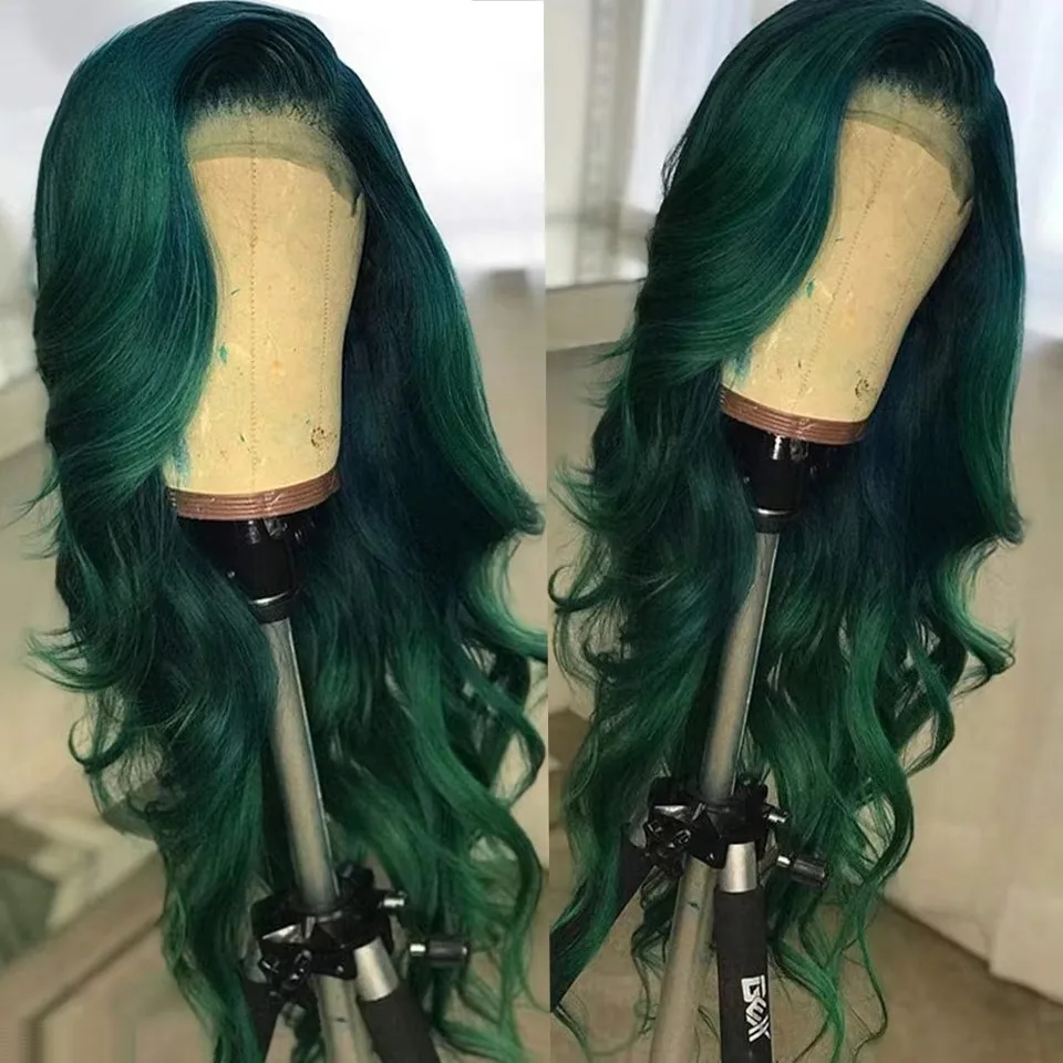 180 Density Dark Green 13x4 HD Synthetic Lace Front Wigs Body Wave Natural Hairline Tiny Konts Wig For Fashion Women Hallowen