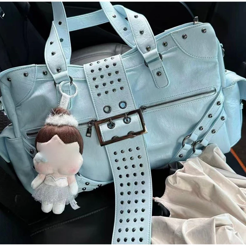 Y2k Nieten-Gürtelschnallen-Handtasche, Damen Motorrad Biker Punk-Stil Metall-Nieten-Schultertasche, Koreanische Y2k Mädchen Reißverschluss-Tragetasche – Detail 9