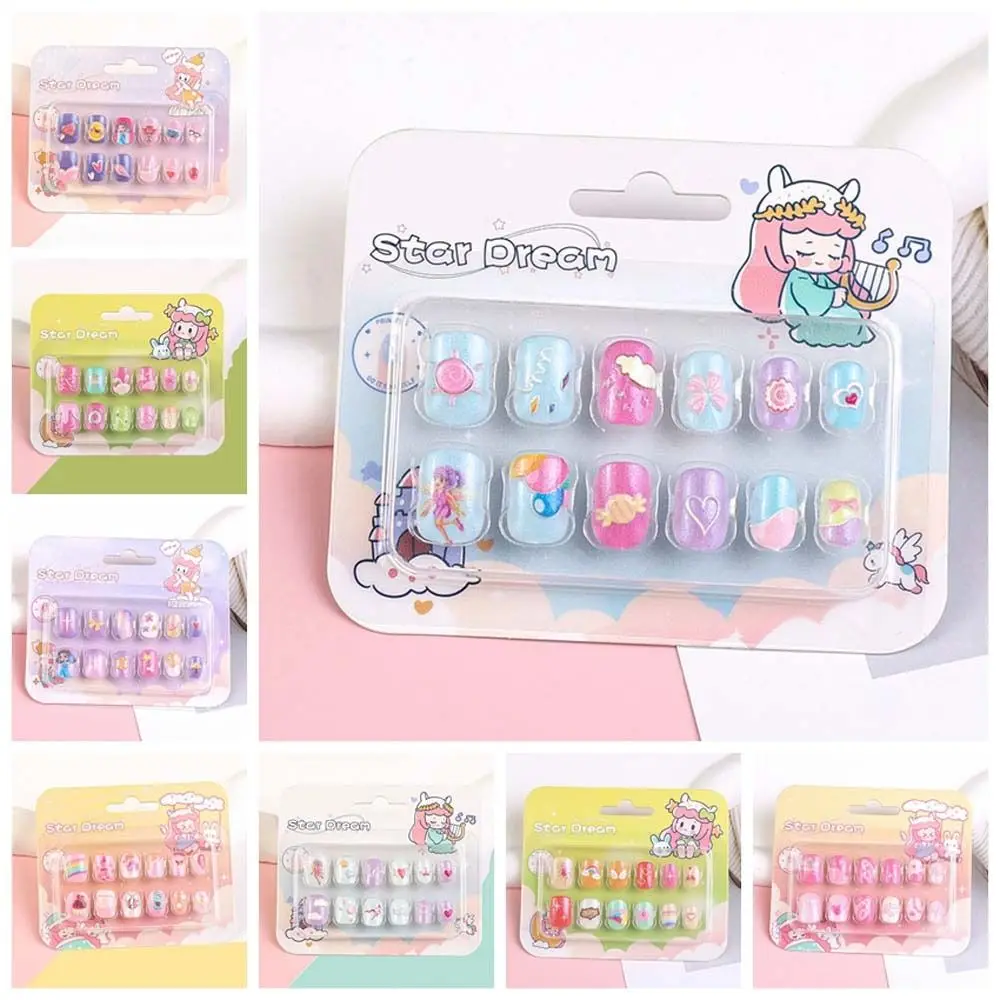 12Pcs/set Nail Supplies Children False Nails Manicure Material Nail Accessories Kids Cartoon Fake Nails Bowknot Rainbow Cloud