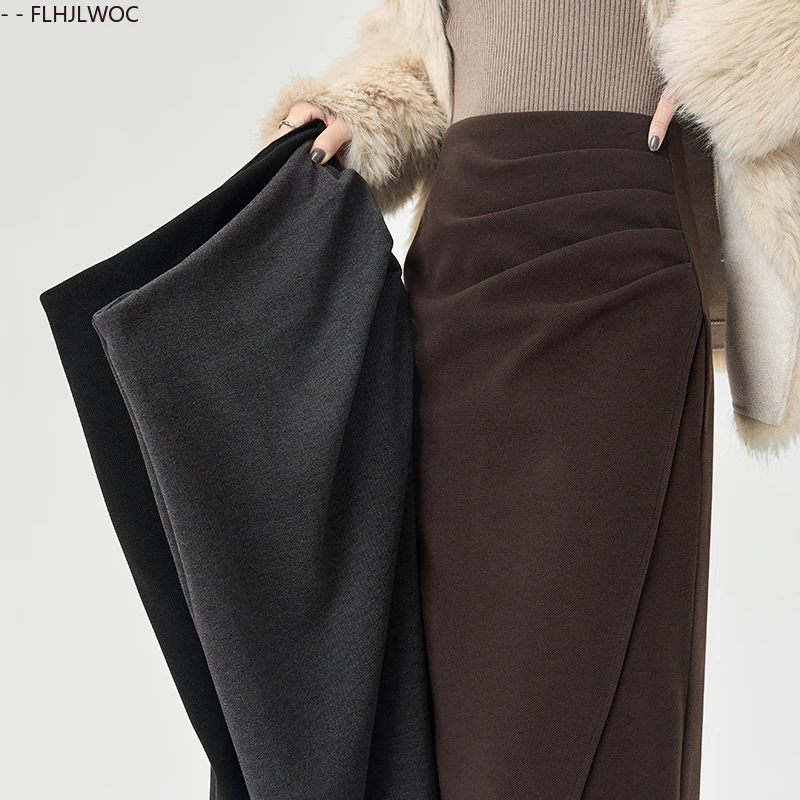 Woolen Skirts New Year Cute Girls 2026 Spring Woman Preppy Style Draped Solid Black High Waist A Line Split Pencil Skirt Long