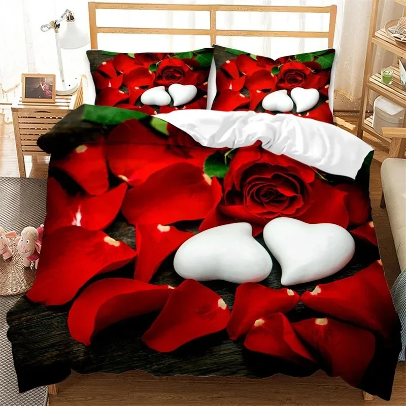 Rose Floral Duvet Cover Microfiber Quilt Cover Romantic Flowers Bedding Set King For Teens Couple Valentine's Day Wedding Decor