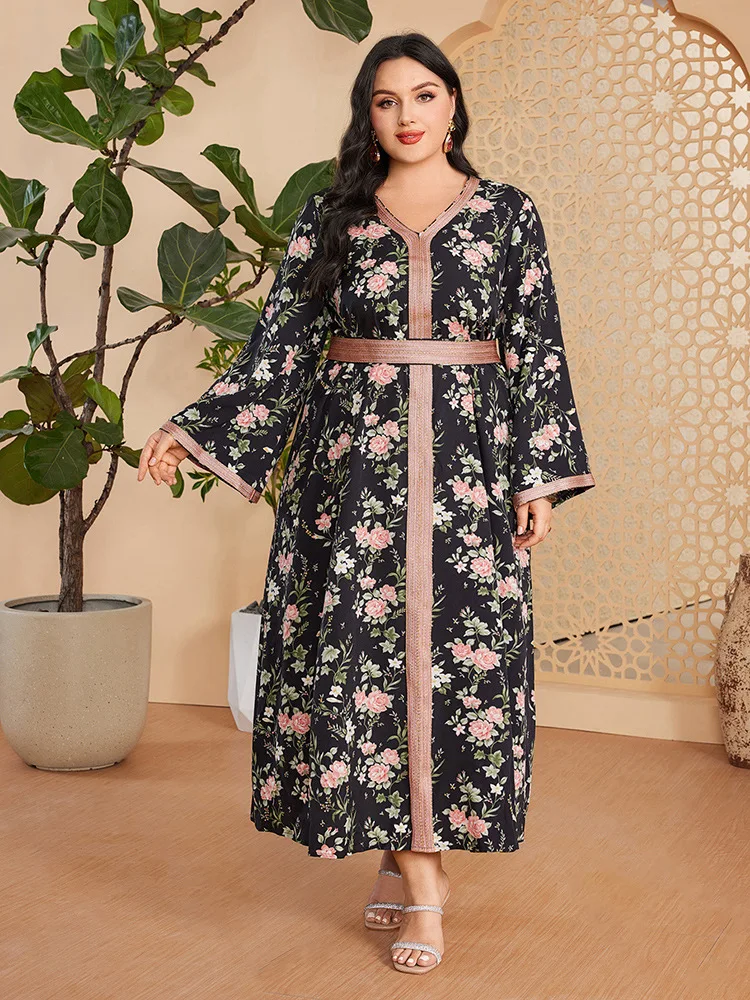 2025 New Floral Print Abayas for Women Muslim Plus Size Loose Belted Dress Dubai Kaftan Turkey Robe Arabic Gown Islamic Jalabiya