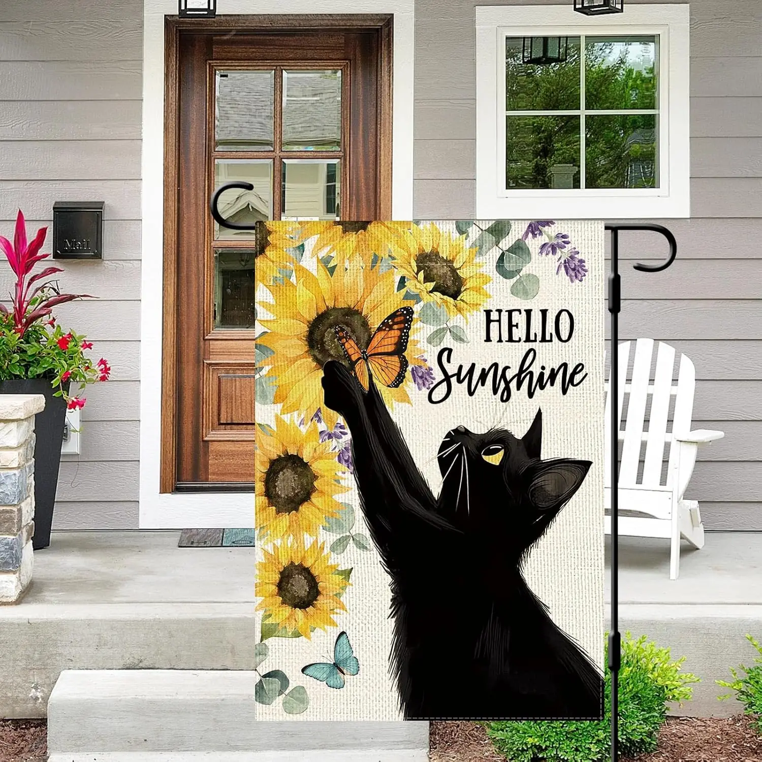 DLZDN Hello Sunshine Sunflower Cat Garden Flag 12×18 Inch Double Side Vertical Burlap Farmhouse Yard Sign Summer Seasonal Ou MMZ