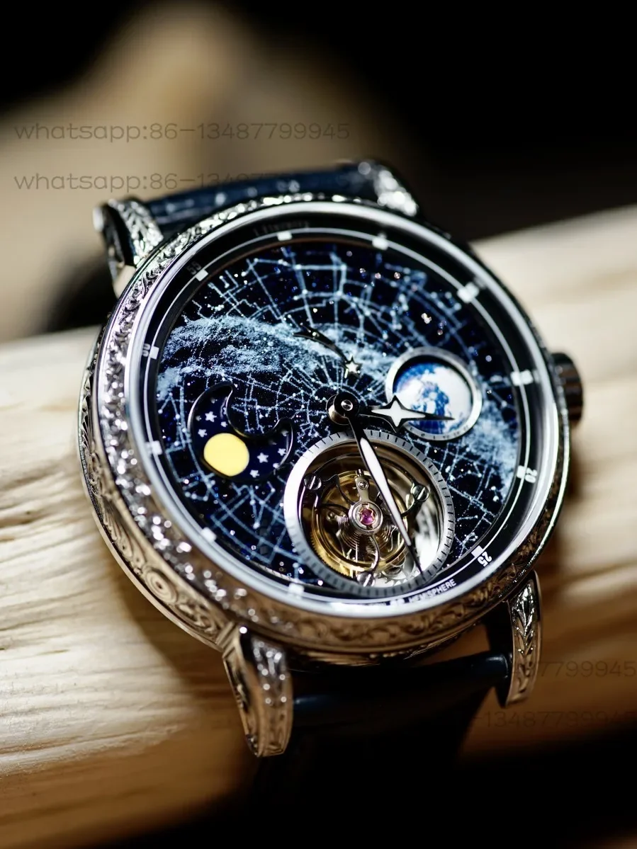 Free Shipping Fashion Niche Starry Sky Earth Moon Phase Dynamic Tourbillon Automatic Mechanical Watch Luminous