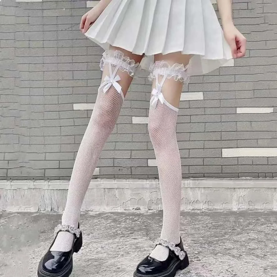 Plus Size Gothic Lolita Mädchen Schwarz-Weiße Schleife Netzstrümpfe Überkniestrümpfe Cosplay Oberschenkelhohe Spitzenstrümpfe für Frauen Halloween XXXL – Detail 1