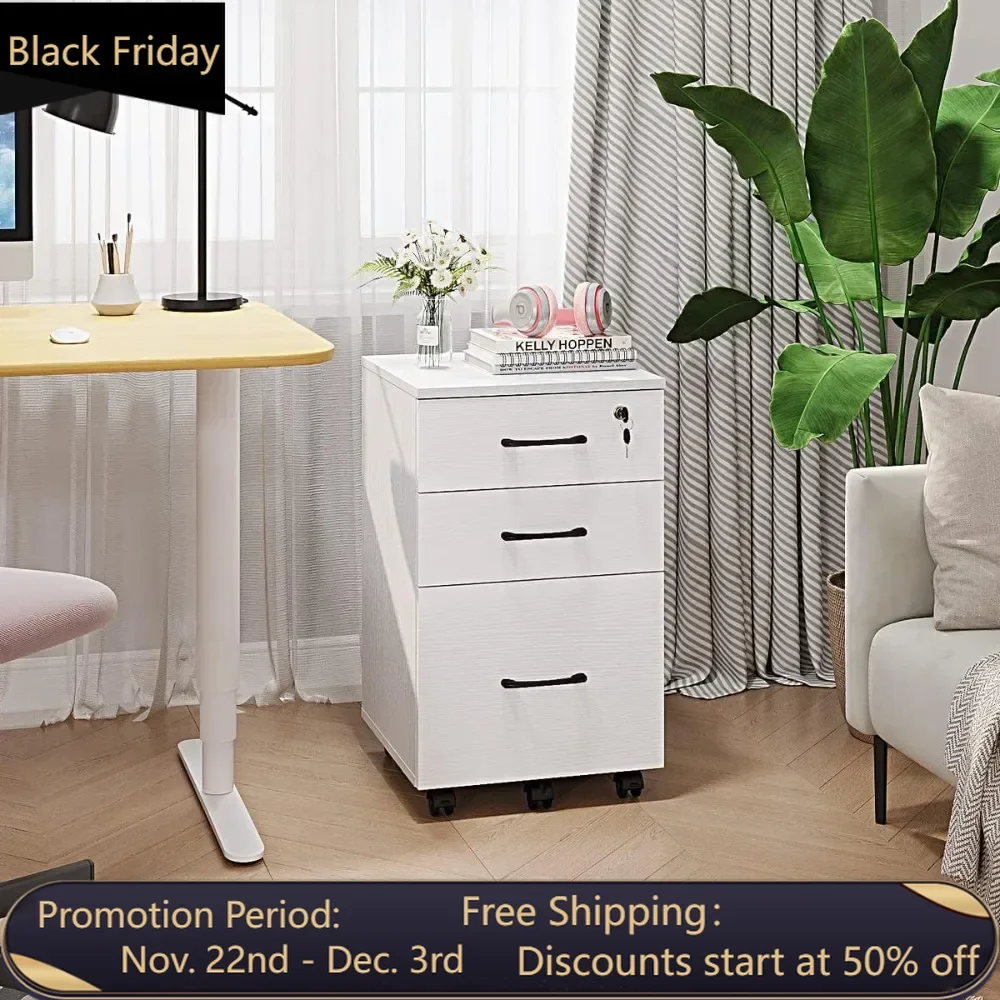 

3 Drawer Wood Mobile File Cabinet, Under Desk Storage Drawers Small File Cabinet for Home Office (White)