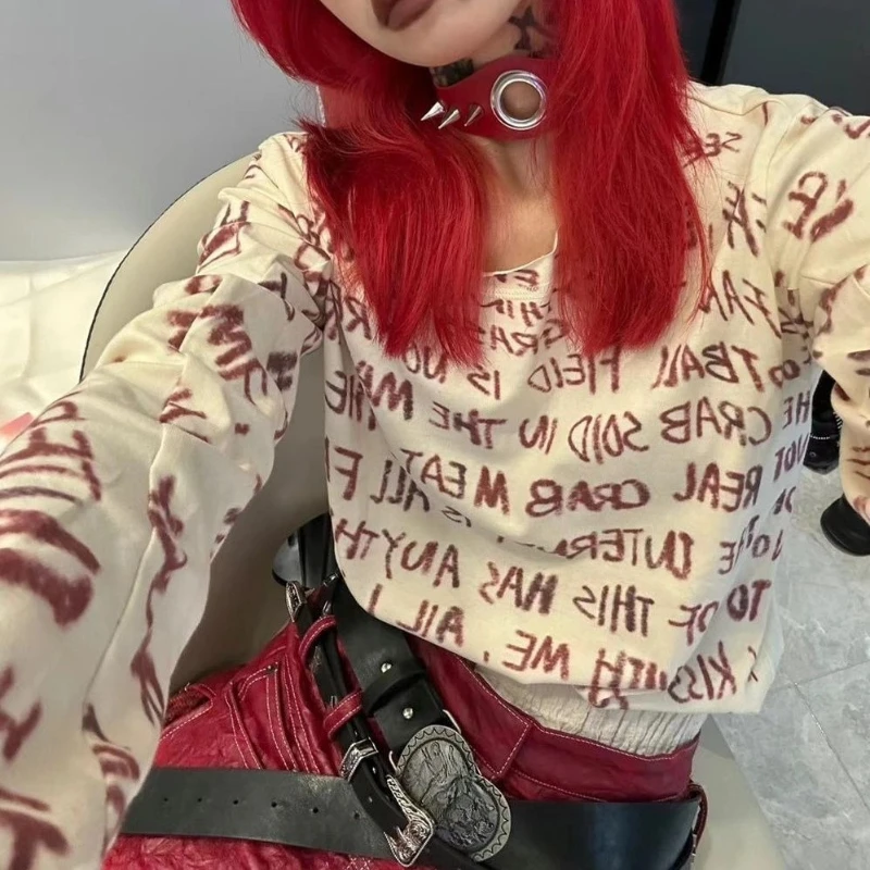 

Футболки с длинным рукавом в стиле Y2K и Harajuku, с принтом и надписями, свободного кроя, винтажные, осенние, для женщин, с круглым вырезом, шик, 2000-е годы