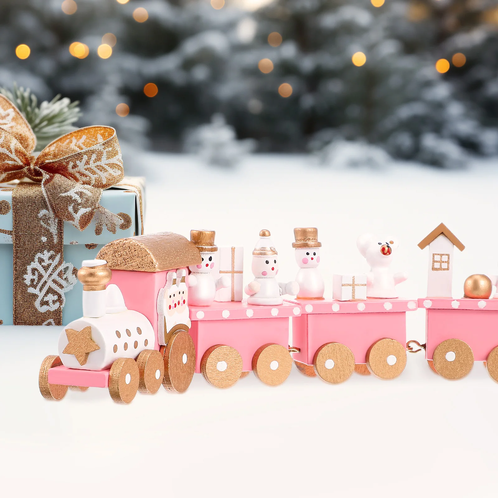 الوردي قطار خشبي زينة عيد الميلاد آمنة قوي لعبة أطفال مظهر رائع غرامة براعة عطلة زينة سطح المكتب #6
