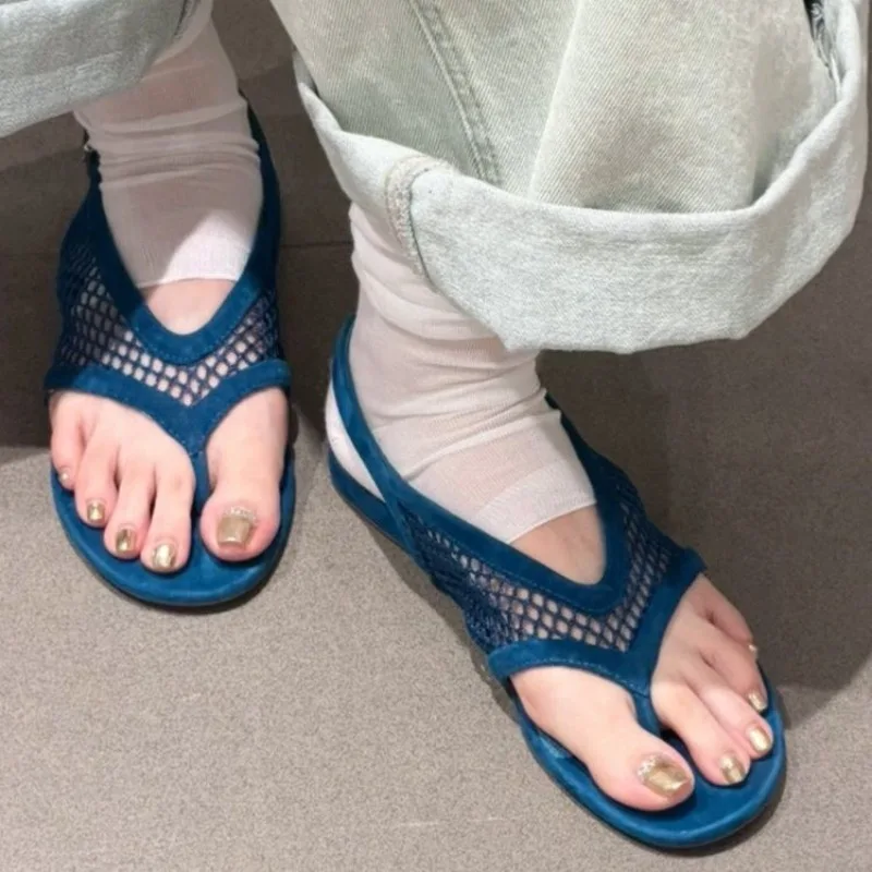 2026 Fishnet Cutout Herringbone Toe Clip Women's Sandals Lightweight Flat Beach Shoes