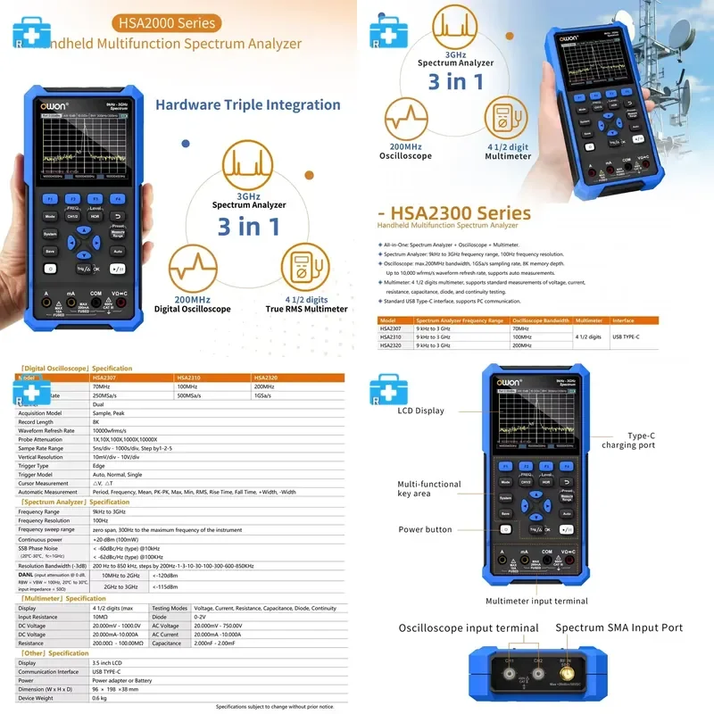 A2300 Multifunction Handheld Spectrum 3-in-1 9kHz to 3GHz , 2CH Digital , True RMS Multimeter