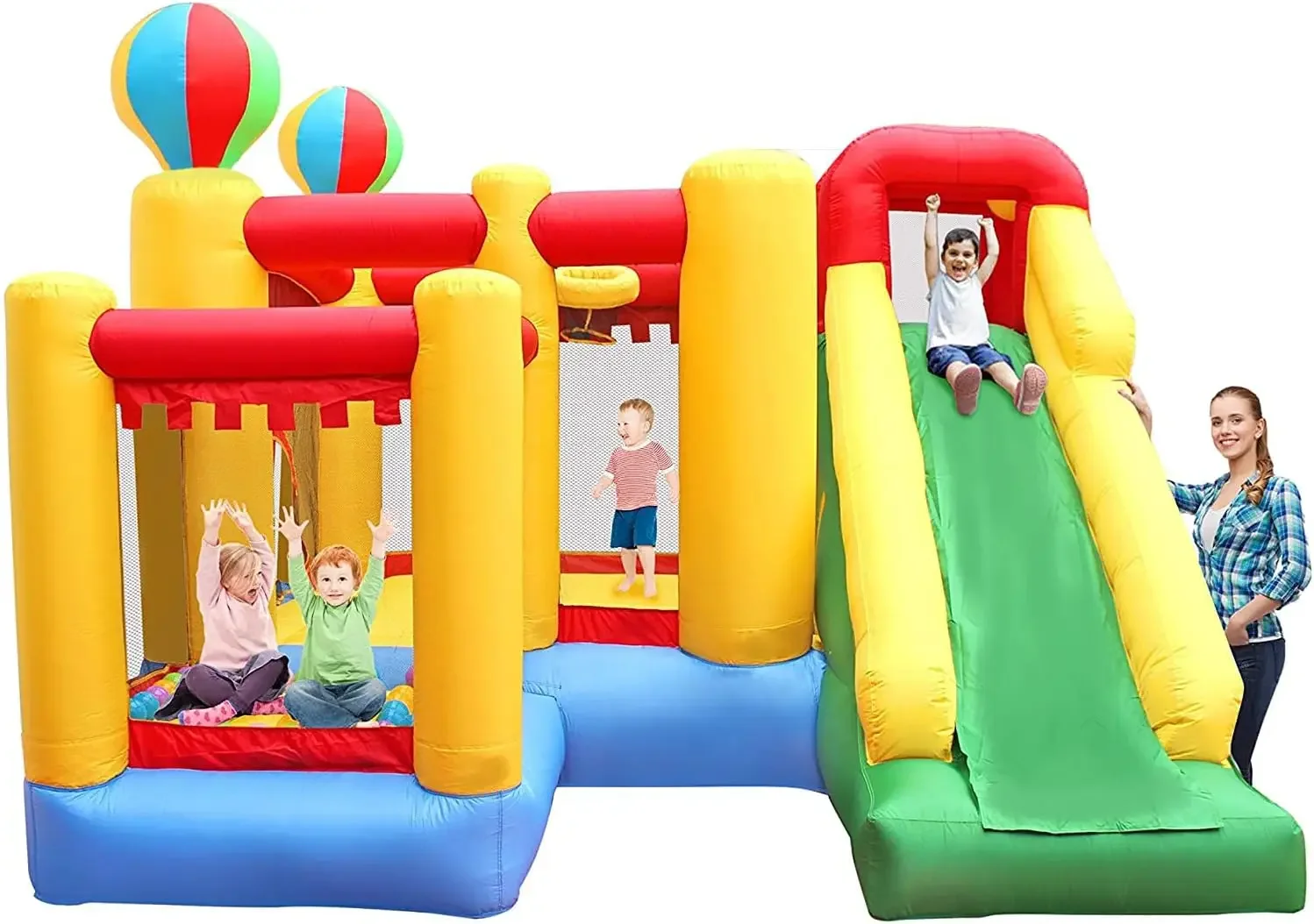 Inflatable Bounce House,6 in 1 Bouncy Castle with Blower for Kids,Blow Up Jumping Bouncer with Slide,Climbing Wall,Ball Pit,Bask