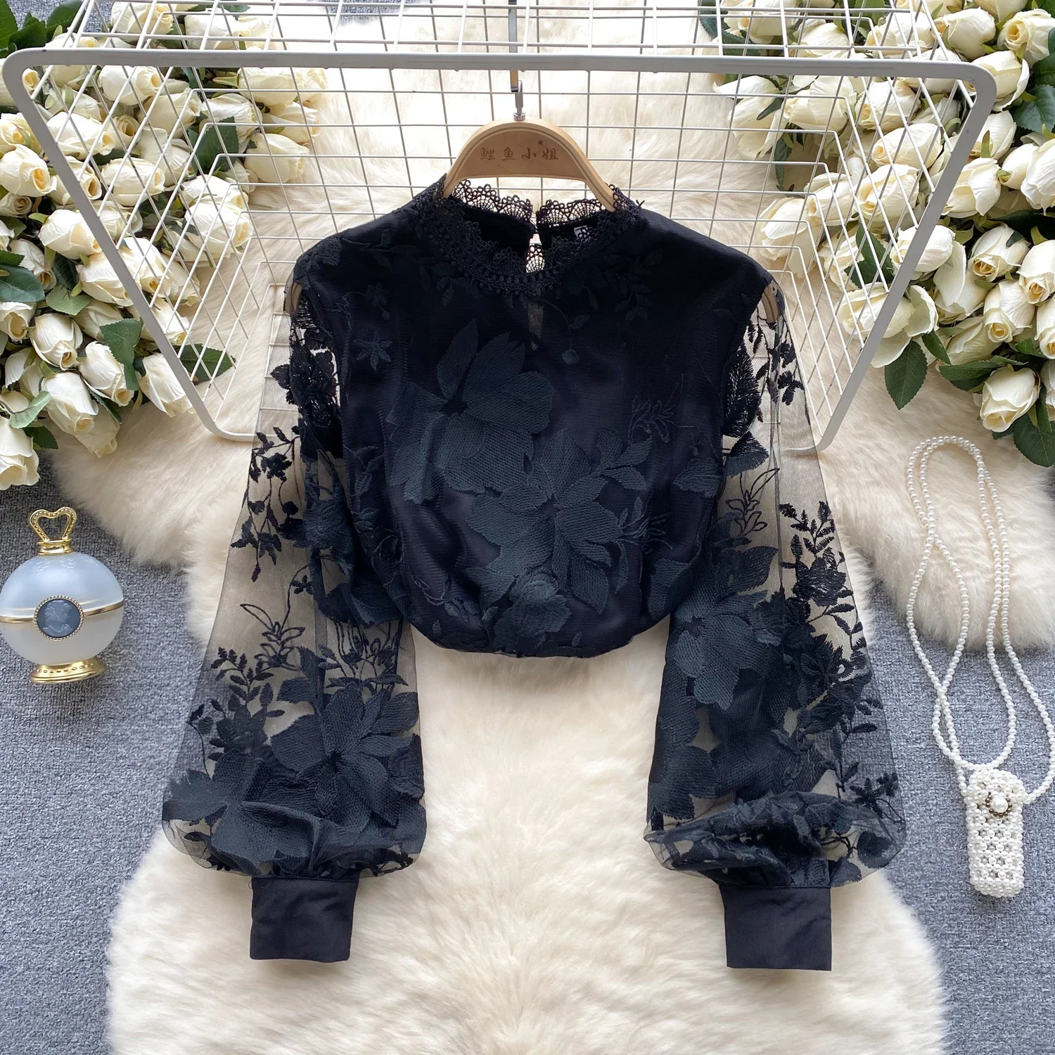 Elegant Long Puff Sleeves Vintage Stand Neck Chic Lace See Through Embroidered Loose Top Basics High Street Spring Autumn Blouse