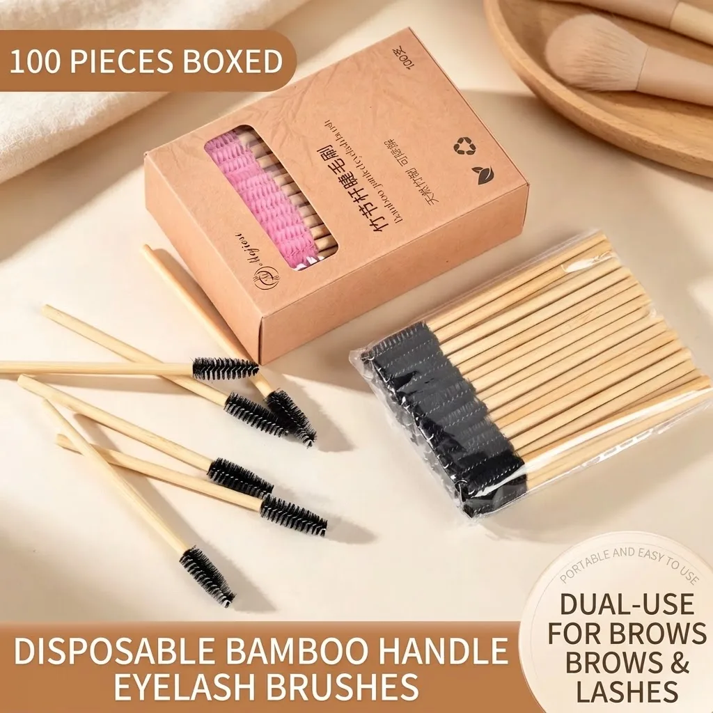 100pcs/Box Bamboo Eyelash Brushes Bendable Lash Spoolies for Eyelash Extensions Grooming Tool Biodegradable Bamboo Lash Wands