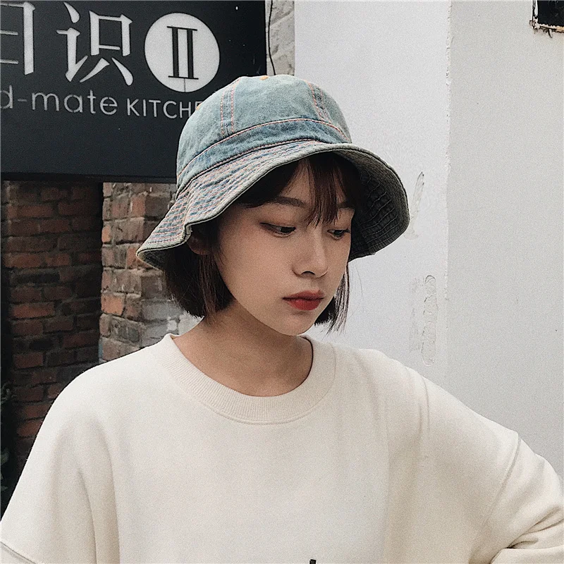 Japanese Harajuku Bucket Hats Women Summer Sunshade Retro Denim Basin Caps Showing Face Little Girl Literary Panama Sun Hat Men