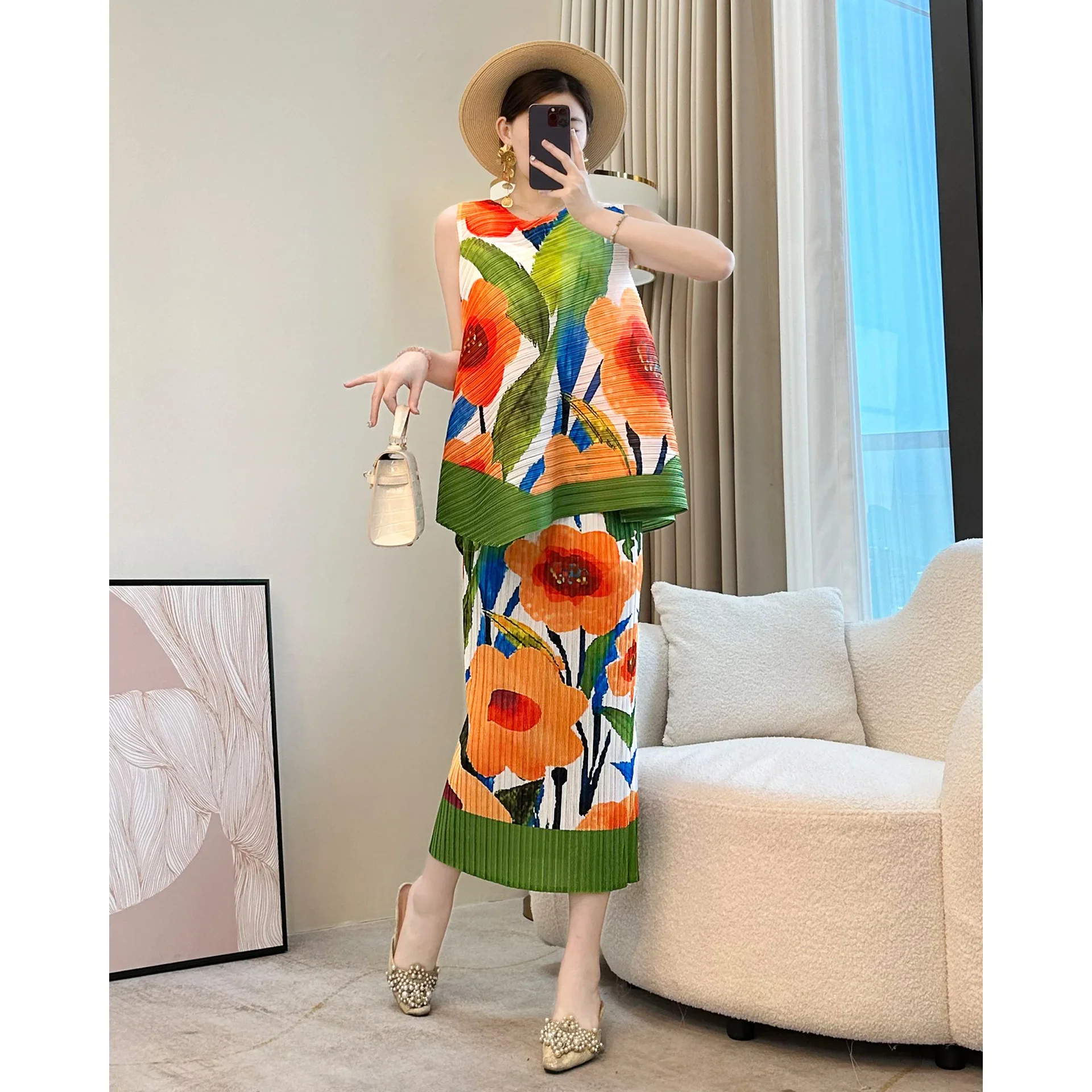 

Miyake Style Niche Fashion Printting Pleated Two Pieces Set for Women Loose Sleeveless Tops and A-line Skirts 2025 New Summer